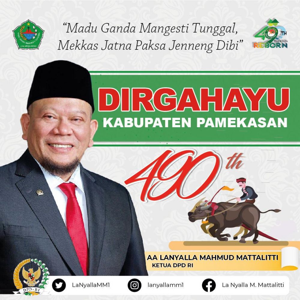 Ketua DPD RI AA LaNyalla Ucapkan Dirgahayu Ke 490 Kabupaten Pamekasan